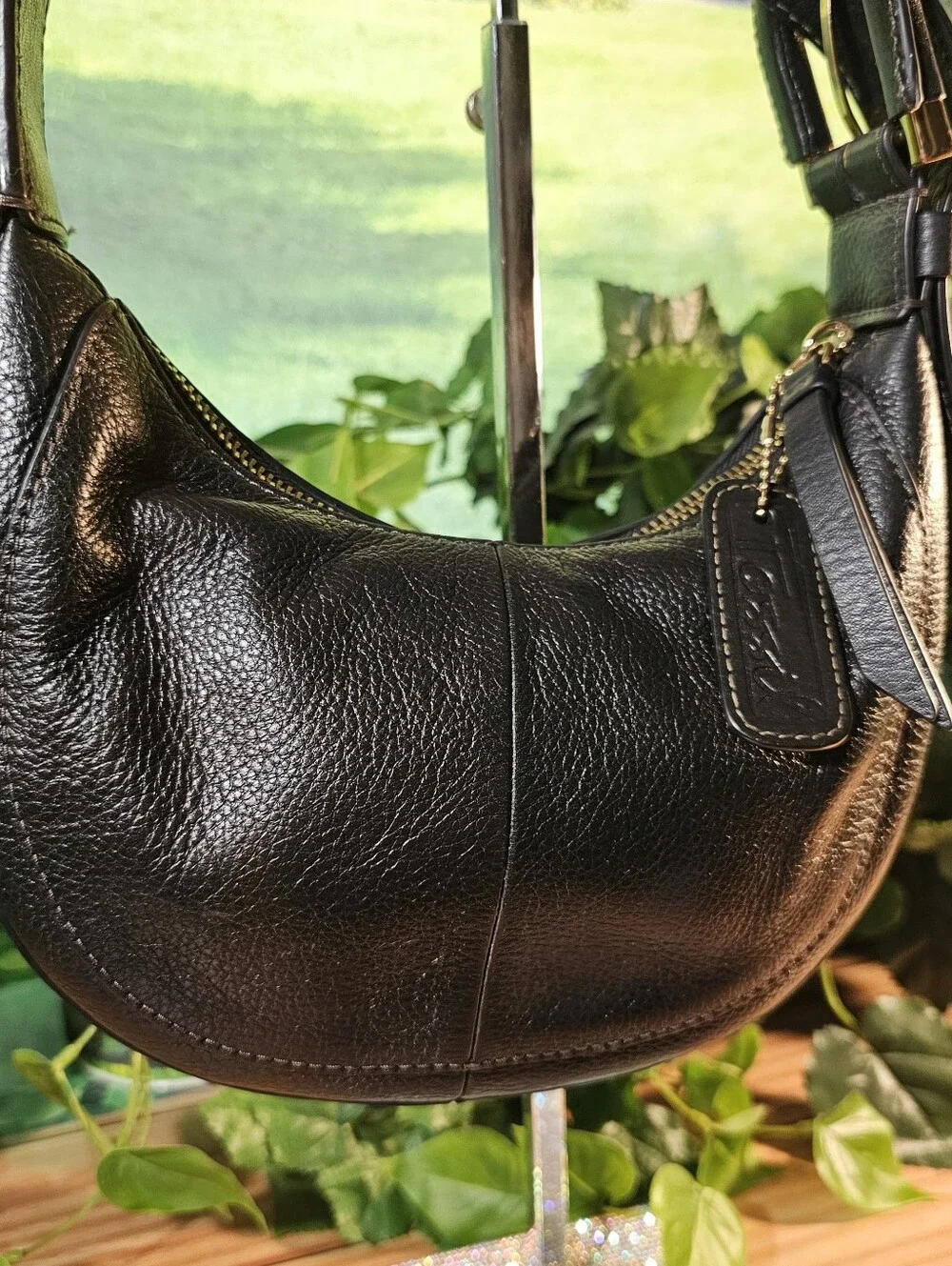 Rare Fossil Black Cowhide Leather Crescent Shoulder Bag Brass Hardware